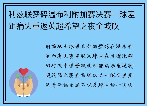 利兹联梦碎温布利附加赛决赛一球差距痛失重返英超希望之夜全城叹