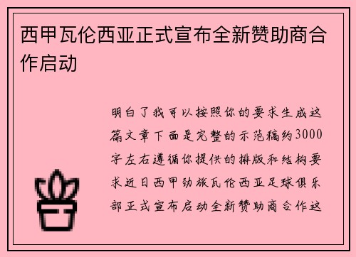 西甲瓦伦西亚正式宣布全新赞助商合作启动